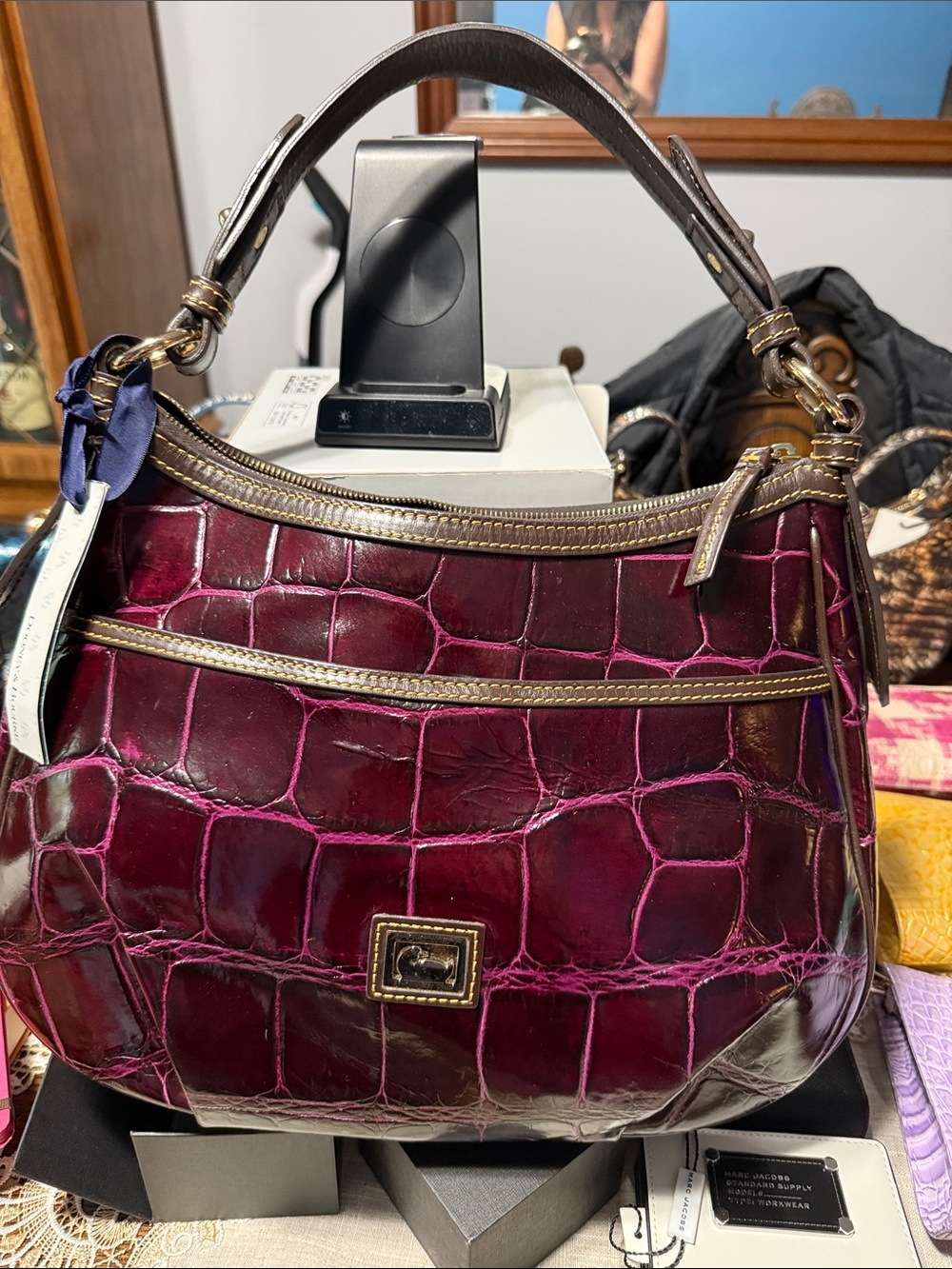 Dooney & Bourke Burgundy Croc-Embossed Leather Shoulder Bag with Gold Trim